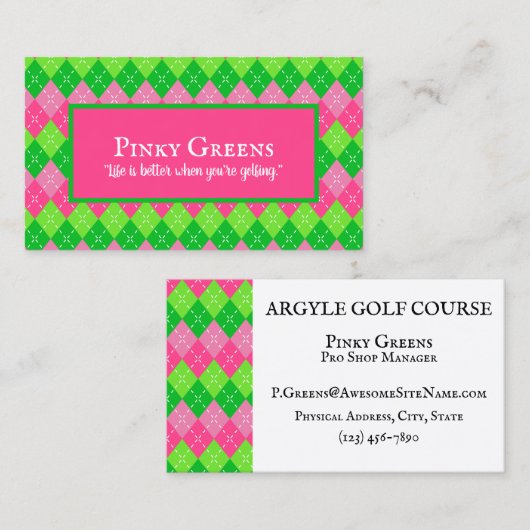 Roze en Groen Argyle Wit Stitching Preppy Golf Visitekaartje (Voorkant / Achterkant)