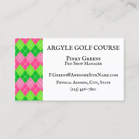 Roze en Groen Argyle Wit Stitching Preppy Golf Visitekaartje (Achterkant)