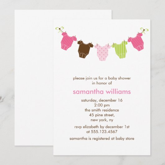 Roze en Groen Baby Meisje Kleding Baby shower Kaart (Voorkant / Achterkant)