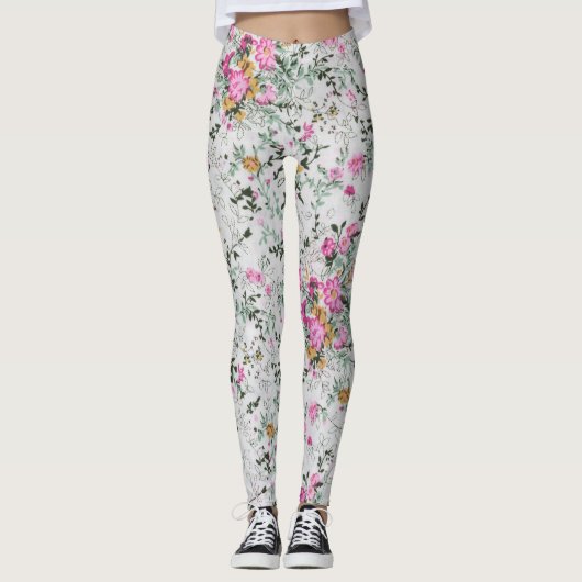 Roze en groen bloemen artistiek ontwerp leggings (Voorkant)