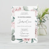 Roze en groen Bloemen Spaans Bruiloft Uitnodiging (Staand voorkant)
