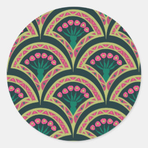 Roze en groen bloemig waaierpatroon ronde sticker