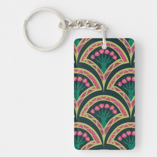 Roze en groen bloemig waaierpatroon sleutelhanger (Voorkant)