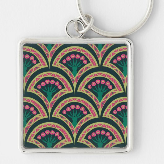 Roze en groen bloemwaaierpatroon sleutelhanger (Voorkant)