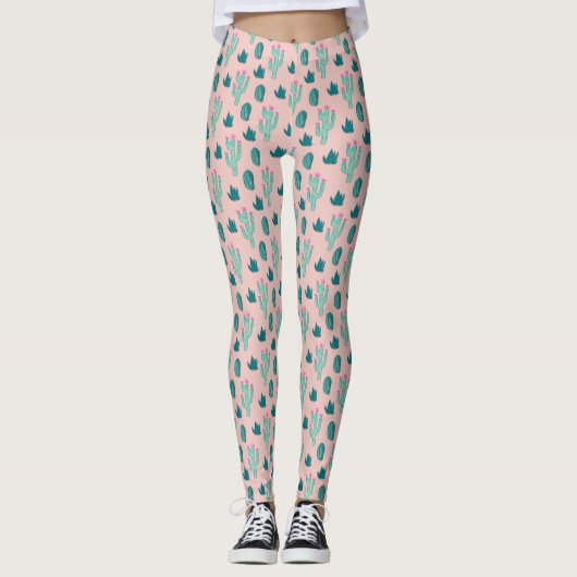 Roze en groen  Cactus Patroon Leggings (Voorkant)