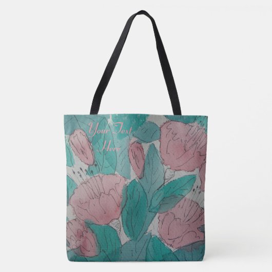 roze en groen contemporeus bloempatroon tote bag (Voorkant)
