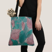 roze en groen contemporeus bloempatroon tote bag (Dichtbij)