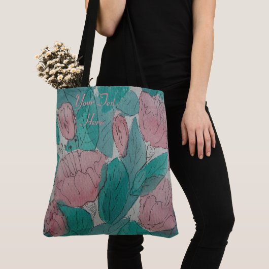roze en groen contemporeus bloempatroon tote bag (Dichtbij)