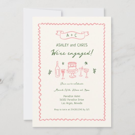 Roze en groen eigenzinnige Hand getrokken verlovin Kaart (Voorkant)