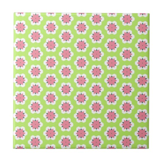 Roze en Groen Geometrisch Bloemen Patroon Tegeltje (Voorkant)