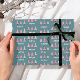 Roze en groen Gepersonaliseerde naam Kerstbomen Cadeaupapier