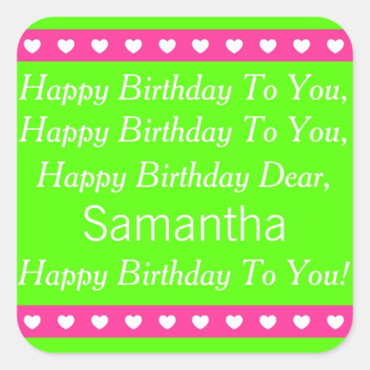 Roze en Groen Gepersonaliseerde Verjaardagslied St Vierkante Sticker (Voorkant)