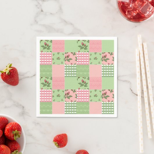 Roze en Groen Gingham Patchwork Paper Napkins Servet (Insitu)