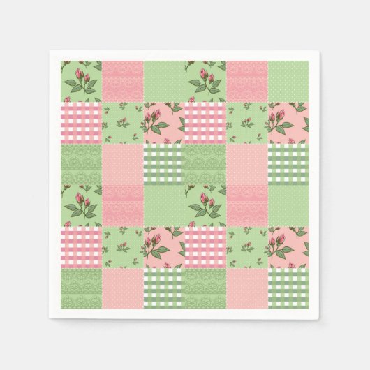 Roze en Groen Gingham Patchwork Paper Napkins Servet (Voorkant)