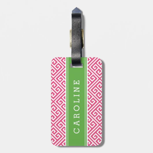 Roze en Groen Grieks Sleutel Aangepast Monogram Bagagelabel (Achterkant verticaal)