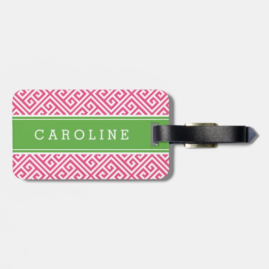 Roze en Groen Grieks Sleutel Aangepast Monogram Bagagelabel (Achterkant horizontaal)