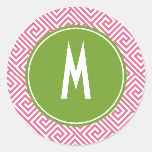 Roze en Groen Grieks Sleutelpatroon Monogram Ronde Sticker