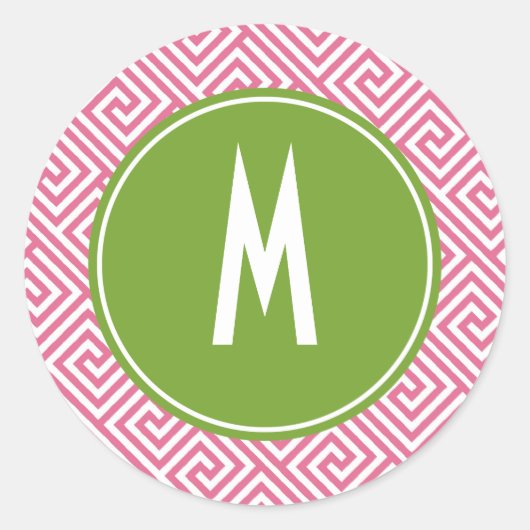 Roze en Groen Grieks Sleutelpatroon Monogram Ronde Sticker (Voorkant)