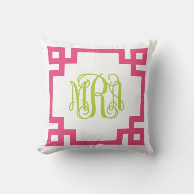 Roze en Groen Grieks Sleutelschrift Monogram Kussen (Voorkant)