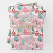 Roze en Groen Kerstdorp Inpakpapier Vel (In situ)