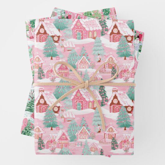 Roze en Groen Kerstdorp Inpakpapier Vel (In situ)