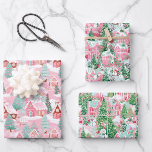Roze en Groen Kerstdorp Inpakpapier Vel