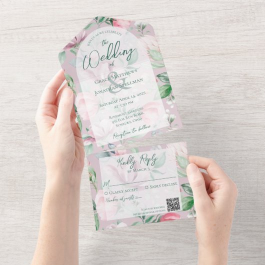 Roze en Groen Land Bloemen QR Code All In One Uitnodiging (Afscheurbaar)