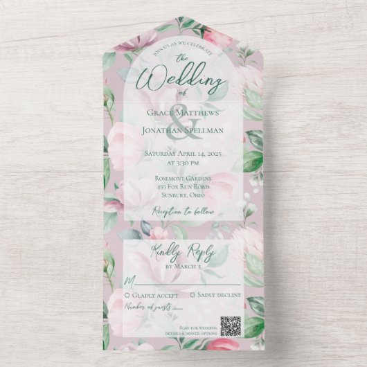 Roze en Groen Land Bloemen QR Code All In One Uitnodiging (Binnen)