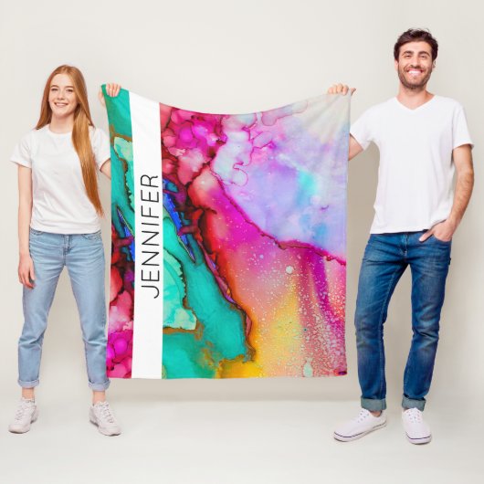 Roze en Groen Marmer Abstracte Waterverf Fleece Deken (In situ)