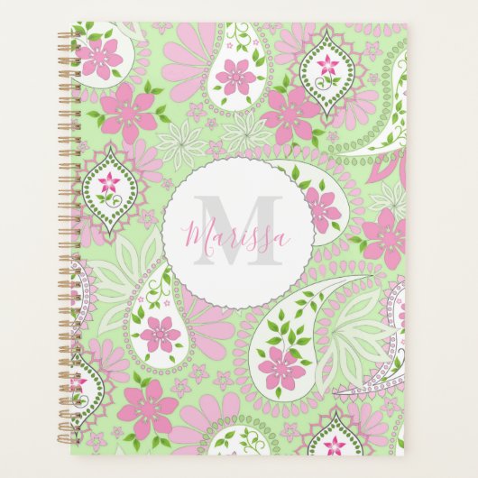 Roze en Groen Monogrammed Paisley Custom Planner (Voorkant)