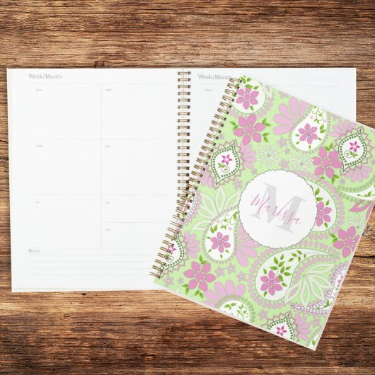 Roze en Groen Monogrammed Paisley Custom Planner
