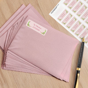 Roze en groen nostalgisch bloemenadreslabel etiket