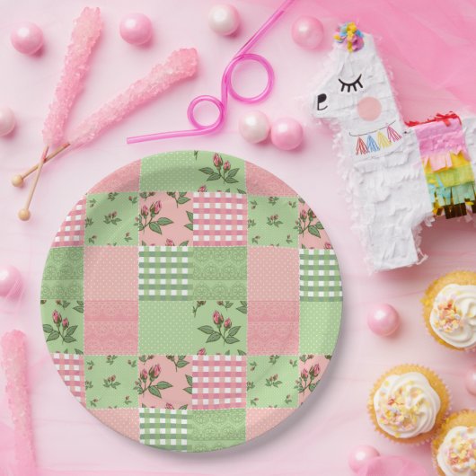 Roze en groen patchwork Quilt Pattern Papieren Bordje (Feest)