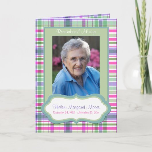 Roze en Groen Plaid Memorial Kaart met Foto (Voorkant)