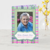 Roze en Groen Plaid Memorial Kaart met Foto (Gele Bloem)