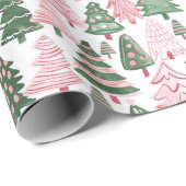 Roze en groen versierde bomen op een witte achterg cadeaupapier (Rol Hoek)