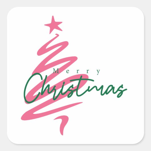 Roze en Groen Vrolijk Kerstfeest Vierkante Sticker (Voorkant)