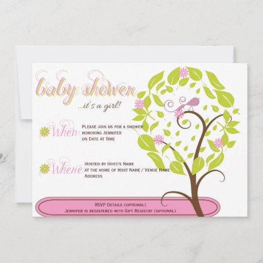 Roze en Groen Whimsical Baby shower Invitation Kaart (Voorkant)