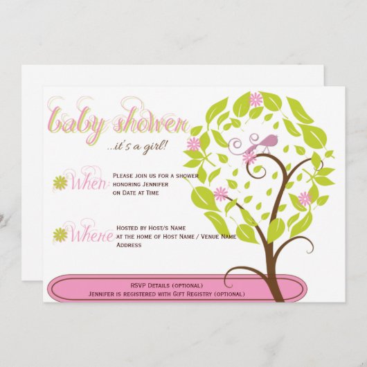 Roze en Groen Whimsical Baby shower Invitation Kaart (Voorkant / Achterkant)