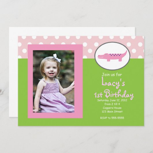Roze en groene alligator Birthday Uitnodiging (Voorkant / Achterkant)