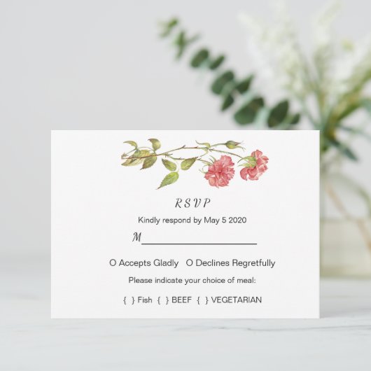 Roze en groene anjers waterverf bruiloft RSVP kaartje (Staand voorkant)