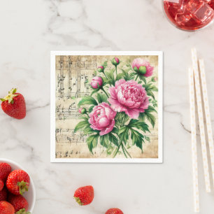 roze en groene aquarel Peonies Découpage Servet