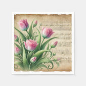 Roze en groene aquarel tulpen découpage in vintage servet (Voorkant)