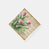 Roze en groene aquarel tulpen découpage in vintage servet (Hoek)