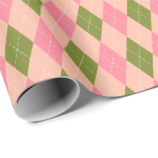  roze en groene Argyle Diamond Pattern Cadeaupapier (Rol Hoek)