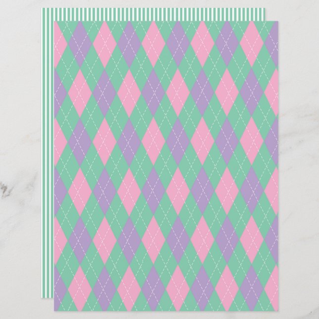 Roze en groene argyle en gestreept plakboek papier (Voorkant / Achterkant)