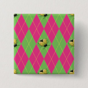 Roze en groene Argyle Ladybug Vierkante Button 5,1 Cm
