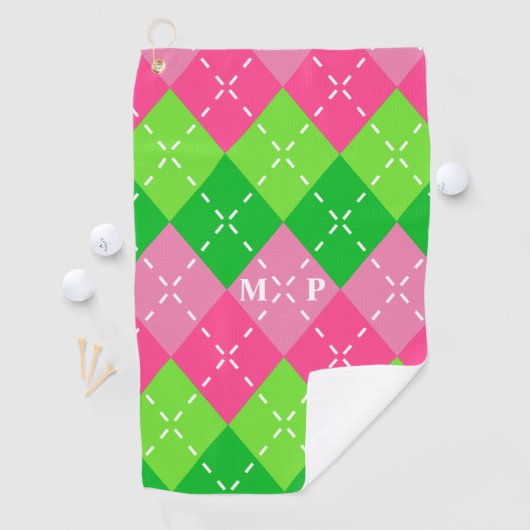 Roze en Groene Argyle met Wit Stikkend Golfhanddoek (Insitu)
