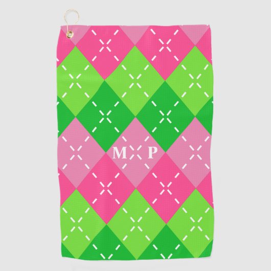 Roze en Groene Argyle met Wit Stikkend Golfhanddoek (Voorkant)