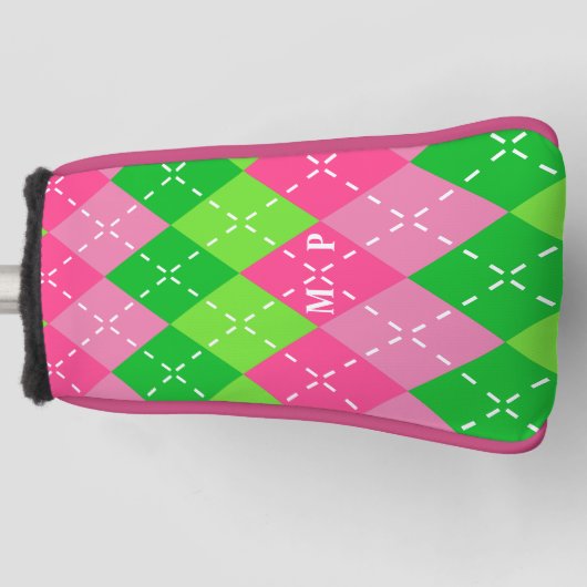 Roze en Groene Argyle met Wit Stikkend Golfheadcover (Voorkant)